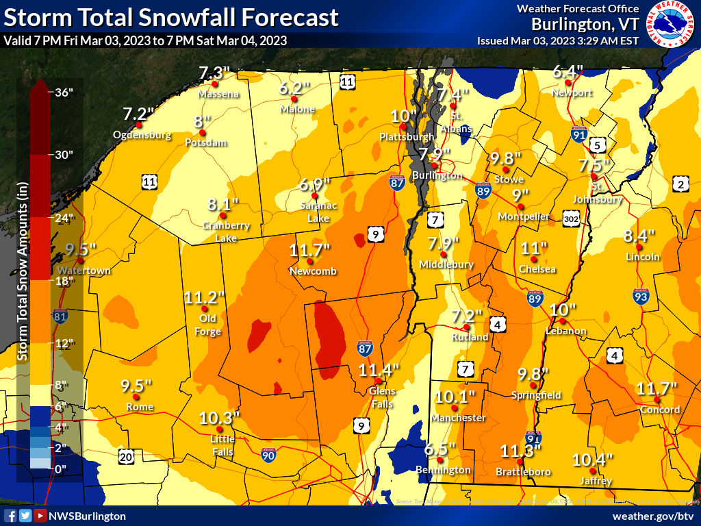 NWSBurlington's tweet photo. [3/3 4 AM] A Winter Storm Warning is now in effect for all of VT and northern NY. Snow begins late this evening, becoming heavy overnight into Sat morning before tapering off Sat afternoon. Visit https://t.co/bWrAqA7uKd for the latest storm forecast #snow #vtwx #nywx https://t.co/8K8bnYS5Rp