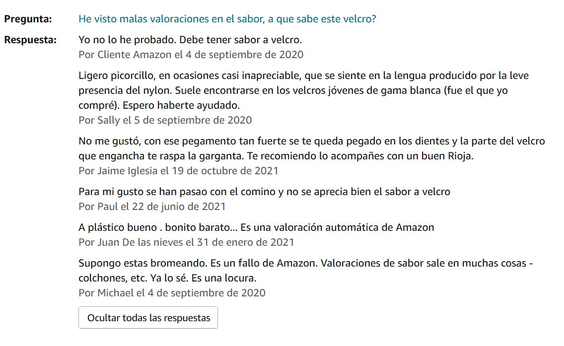 JMTeira's tweet photo. "La degustación del velcro" AKA "preguntas de Amazon como fuente de humor". https://t.co/YiHyTqPLva