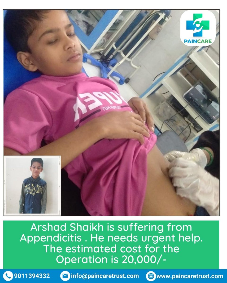 PainCare_Trust's tweet photo. Click here to view more and donate.
https://t.co/9UCVLAU0FA
Arshad Shaikh is suffering from Appendicitis . He needs urgent help. The estimated cost for the Operation is 20,000/-
#paincaretrust #appendicitis #appendixsurgery #appendix #helpingothers #help #childcare https://t.co/i4lep77PeO