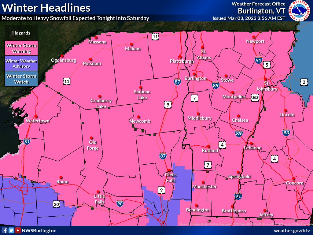 NWSBurlington's tweet photo. [3/3 4 AM] A Winter Storm Warning is now in effect for all of VT and northern NY. Snow begins late this evening, becoming heavy overnight into Sat morning before tapering off Sat afternoon. Visit https://t.co/bWrAqA7uKd for the latest storm forecast #snow #vtwx #nywx https://t.co/8K8bnYS5Rp