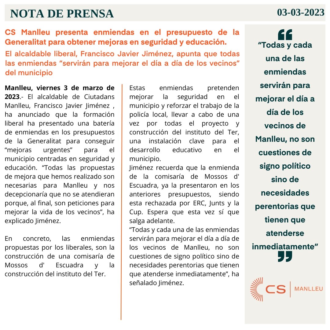 Cs_Manlleu's tweet photo. 📰Presentamos varias enmiendas a los presupuestos de la Generalitat para mejorar la vida de los ciudadanos de #Manlleu, el 28 de Mayo, lo haremos desde el ayuntamiento.

#Manlleu2023
#Seguridad #Educación https://t.co/A5nOrT9PRo