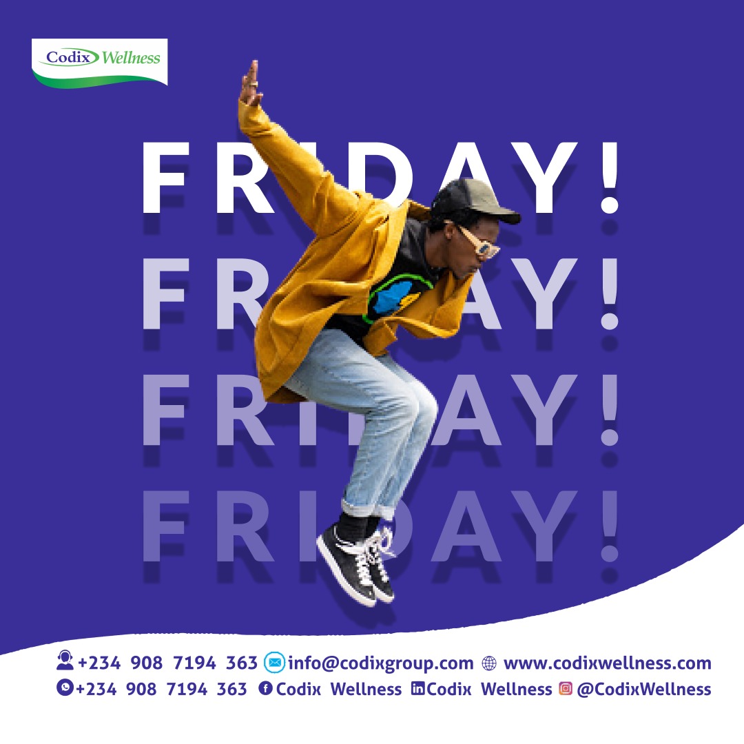 Fridayy!!
It's the day to finish all your set goals for the week, celebrate the accomplished goals, and work better to achieve the rest!
Remember to always stay healthy, share love and do not frown.
Codix Wellness cares♥️
#friday #codixwellness #march #livehealthy #codixwellness