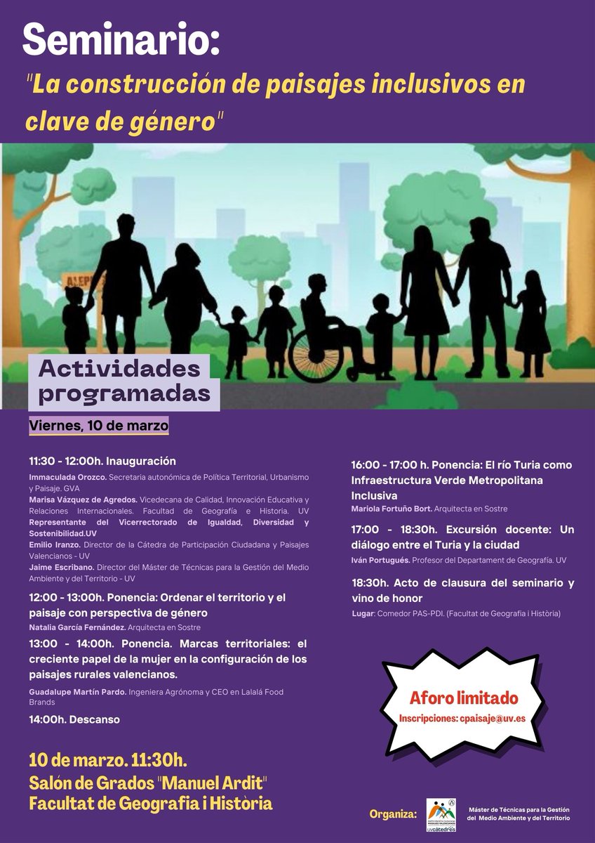 catedrapaisaje's tweet photo. 🔶Seminario: "La construcción de paisajes inclusivos en clave de género". 
🏫Salón de Grados. Facultat de Geografia i Història. 
🗓️Viernes, 10 de marzo 
📝Inscripciones: cpaisaje@uv.es (Aforo limitado) https://t.co/obVo0DXYPt