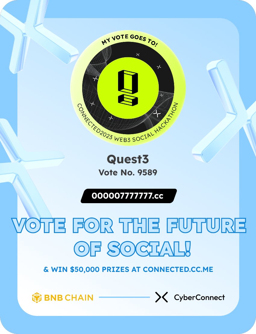 kosai400's tweet photo. Just voted for my favorite project Quest3 in #Connected2023, a Web3 Social hackathon by @CyberConnectHQ the social graph protocol &amp; @BNBCHAIN
Join me to vote for a better social and win $50,000-$100,000 prizes!
https://t.co/v3NP90Q4ze
sig:8IeEuZ 
  https://t.co/gfDfSqBv4K https://t.co/VeJdhS6e65