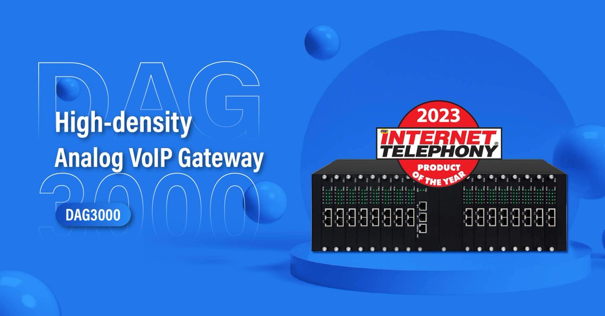 dinstar_voip's tweet image. 🥳 We are honored that TMC, a global, integrated media company, has named our high-density Analog VoIP Gateway DAG3000 as a recipient of a 2023 INTERNET TELEPHONY Product of the Year Award. 
👉Learn more lnkd.in/gkMtSB2B
#internettelephony
#unifiedcommunication
#voip