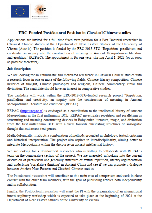 behrwolf's tweet photo. PostDoc opening for Ph.D.s in Class. Chinese at Nicla De Zorzi's REPAC (https://t.co/mOfPA7T684) project in Vienna (apply by March 10). Here's a fascinating chance  to complement the entrenched "Sino-Hellenic" paradigm on "analogical reasoning" with a long overdue ANE perspective https://t.co/iOeQpbBxgn