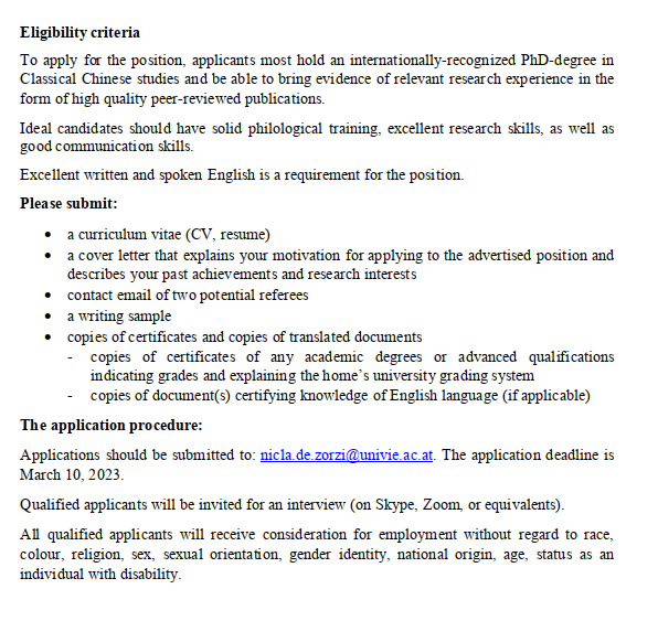 PostDoc opening for Ph.D.s in Class. Chinese at Nicla De Zorzi's REPAC (repac.at) project in Vienna (apply by March 10). Here's a fascinating chance  to complement the entrenched "Sino-Hellenic" paradigm on "analogical reasoning" with a long overdue ANE perspective