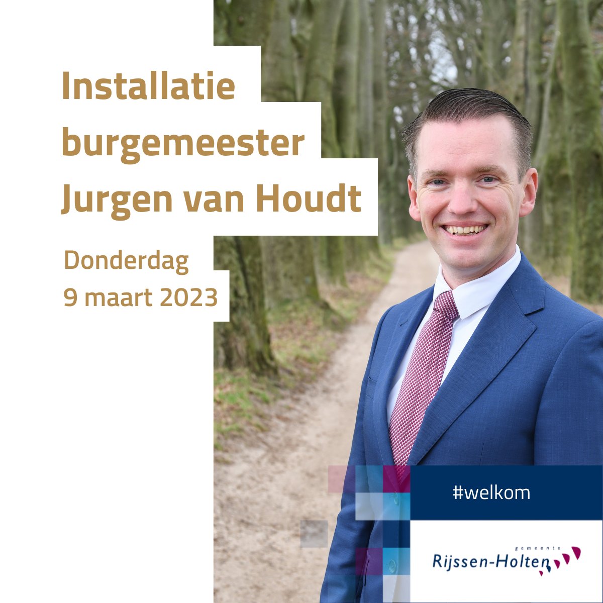 Op 9 maart 2023 treedt Jurgen van Houdt aan als burgemeester van gemeente Rijssen-Holten 🏅 Dit is online te volgen van 15.30-16.30 uur via rijssen-holten.nl/gemeenteraad. Wil je de nieuwe burgemeester welkom heten? 🤝 Je bent van 15.30 tot 18.00 u van harte welkom in ons gemeentehuis.