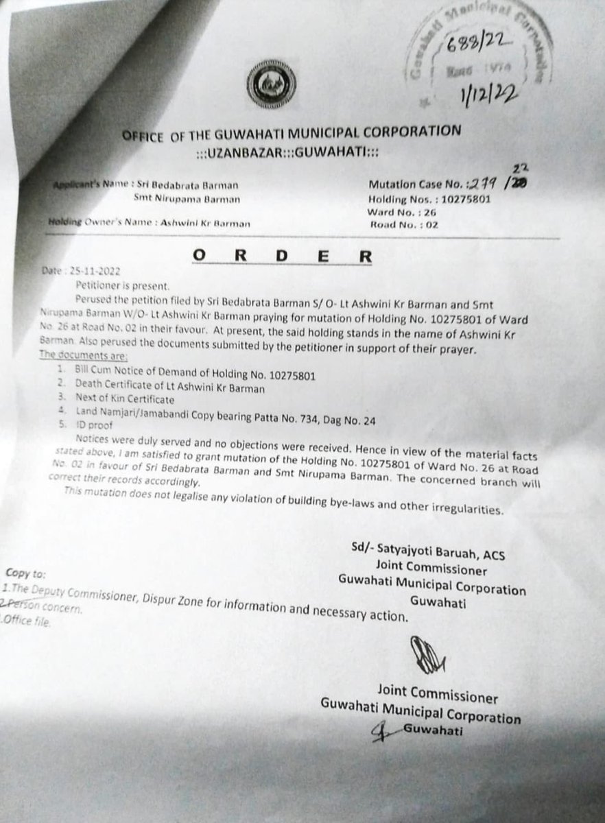 bedabrata18's tweet photo. Mutation of Property Tax Holding No. of @gmc_guwahati was done on 1st of Dec, 2022 but till now it is not updated in the online property tax portal till date after many appeals.Please solve this issue as soon ase possible. @CMOfficeAssam @TheAshokSinghal @mndahal https://t.co/9l5JnBA6v4