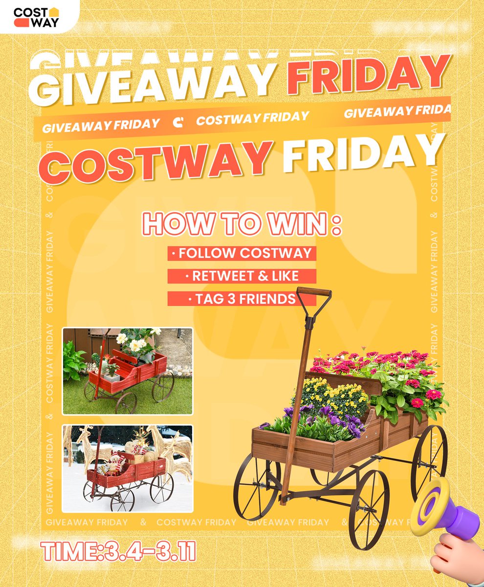 🎉#Costwayfriday is coming! 
❤️This time it is a wagon plant bed!
🎁We will be holding a never-ending #GiveawayFriday, where every Friday we give away a surprise gift!

How to enter:
✅Follow
✅Retweet & Like
✅Tag 3 friends
‼️We will announce the next gift and winner on 3.10.