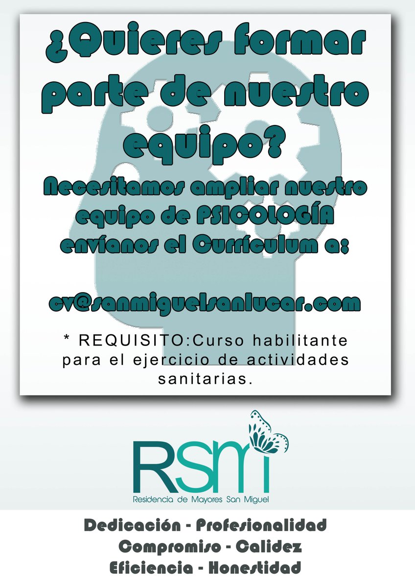 ¿Quieres #Trabajar en <a href="/RESIDENCIARSM/">Residencia S. Miguel</a>? Necesitamos ampliar nuestro #EquipoRSM de #PSICOLOGÍA envía #Currículum; cv@sanmiguelsanlucar.com
IMPORT:Curso habilitante ejercicio actividad sanitaria.
#FelizViernes #FelizFinDeSemana #EmpleoSe  #Mayores #Sevilla #psicoterapia #Psicologia