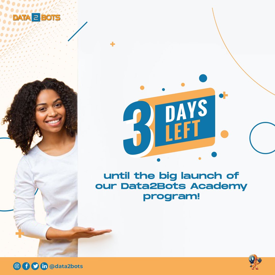 data2bots's tweet photo. We are so excited!!! In 3 days, the Data2Bots Academy will be live and active!
Get ready to learn from industry experts and take your tech skills to the next level.
Register as an early bird here https://t.co/rzBdIXt2PE to register as an early bird.
#schoolofdataengineering https://t.co/sVhysgTZ1V