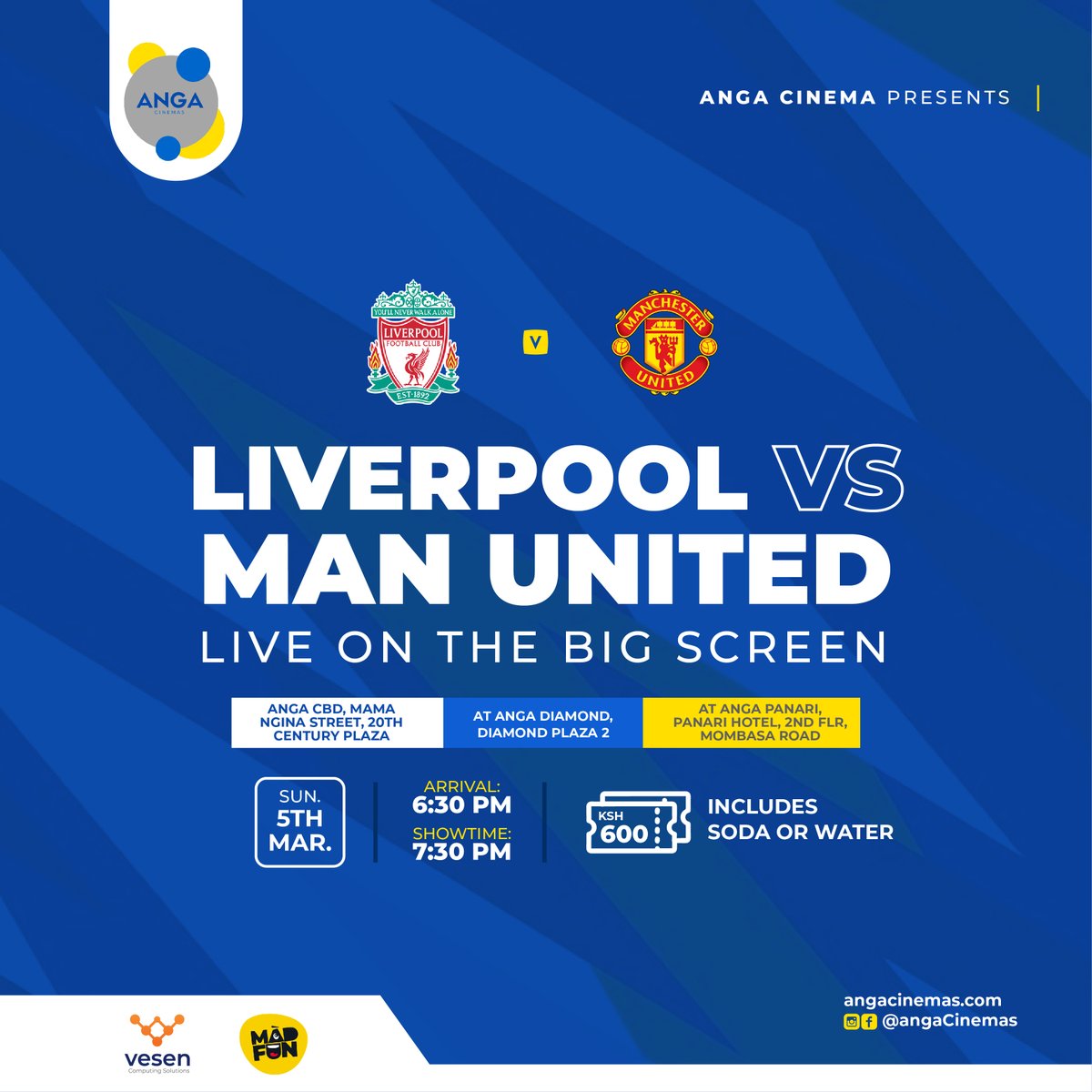 Angacinemas's tweet photo. LIVERPOOL VS MAN UNITED this weekend at all our Anga Cinemas, the biggest sports screens in Kenya.  

LOCATION: CBD, DIAMOND &amp; PANARI  
 
LIVERPOOL VS MAN U
DATE: SUN 5TH MAR
TIME: 7:30PM 

BOOKINGS: https://t.co/hVBCzkJqgm 

#LiverpooFCvsMANU
#AngaSports 
#Angacinemas https://t.co/2z1WmKGqsj