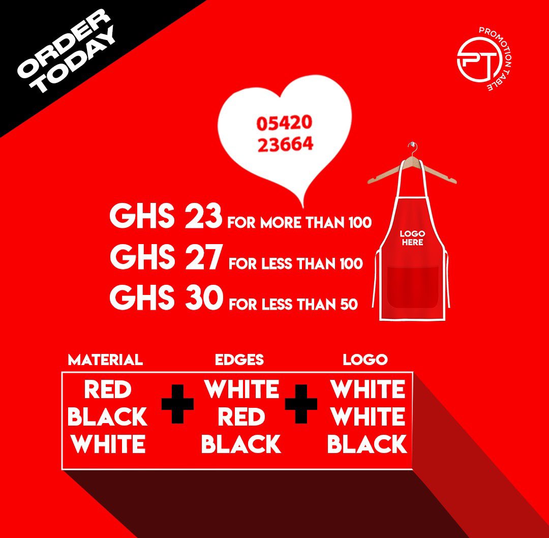 RudiElorme's tweet image. Take your brand to another level with your customized apron with your logo today. You can place order by giving us a call on 0542023664  #promotiontable #foldable #table