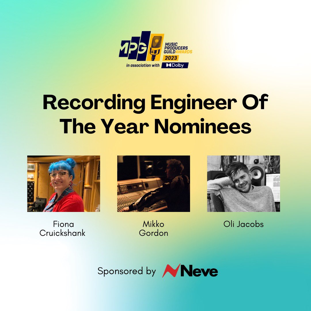 The first category in the MPG Awards 2023 in association with <a href="/Dolby/">Dolby</a> is the Recording Engineer of the Year, sponsored by <a href="/AMSNeveLtd/">Neve</a> 

The nominees are:

Fiona Cruickshank
<a href="/mikkogordon/">Mikko Gordon</a> 
Oli Jacobs

Good luck to all the amazing nominees!

soundonsound.com/news/mpg-award…