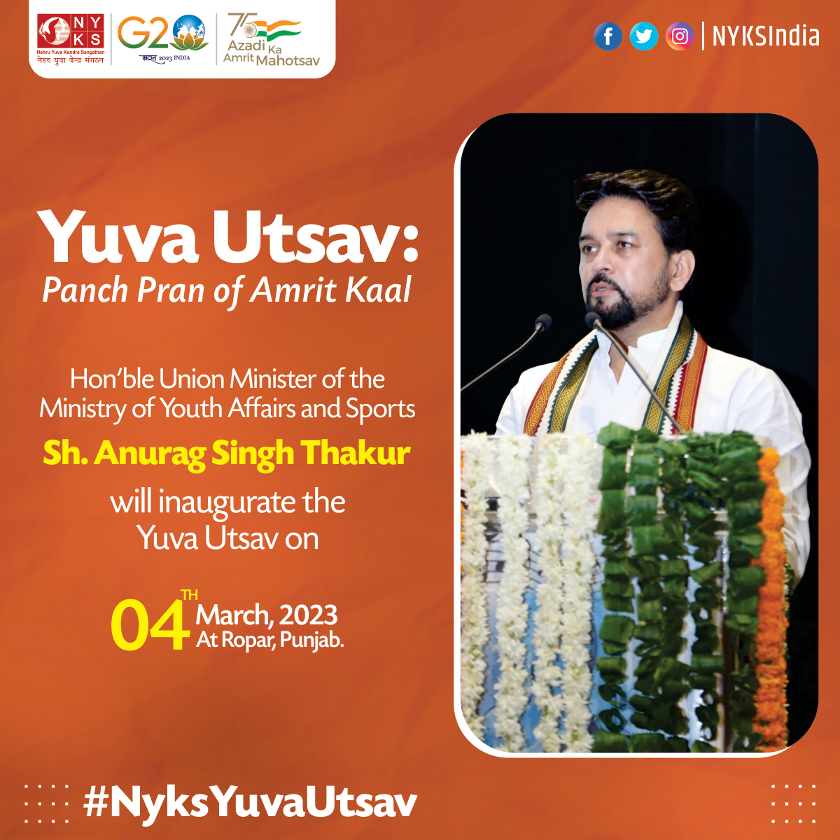 MYBharatHQ's tweet photo. The Yuva Utsav will be officially launched on March 4, 2023, at Ropar, Punjab, by the Hon'ble Union Minister of the Ministry of Youth Affairs and Sports Shri Anurag Singh Thakur (@ianuragthakur).

#NyksYuvaUtsav #YouthProgram #YuvaShakti 
@PMOIndia @DcRupnagar https://t.co/ickrP42ppY