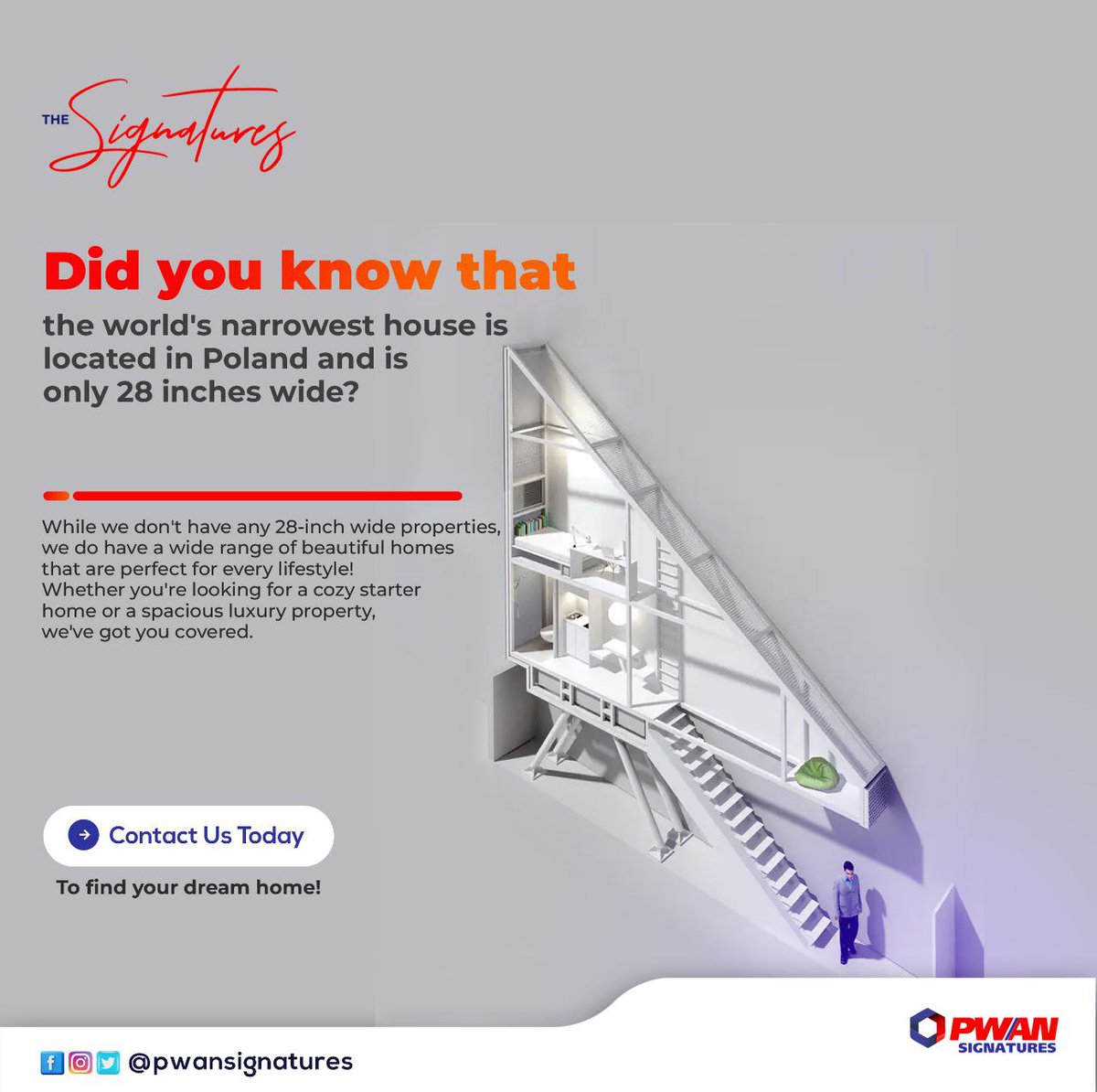 PwanSignatures's tweet photo. Did you know that the world's narrowest house is only 28 inches wide? While we can't promise you a house that small, we can definitely help you find the perfect property that fits your unique lifestyle. Let's work together to find your dream home today!

#FunFactFriday https://t.co/wUR7kwtxDk