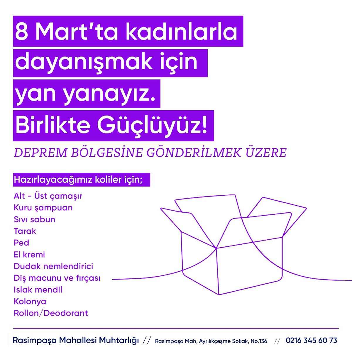 sultanaksuk's tweet photo. Ben, sen, biz birbirimizin çaresiyiz! 
8 Mart yaklaşıyor. Bu vesile ile depremzede kızkardeşlerimizle dayanışmak için onların günlük kullandığı özel ihtiyaçları belirledik.
Bölgedeki kadınlara dağıtılmak üzere aşağıdaki malzemeleri topluyoruz.
Desteklerinizi bekliyoruz.. ♀️ https://t.co/VwaB4g6E8X