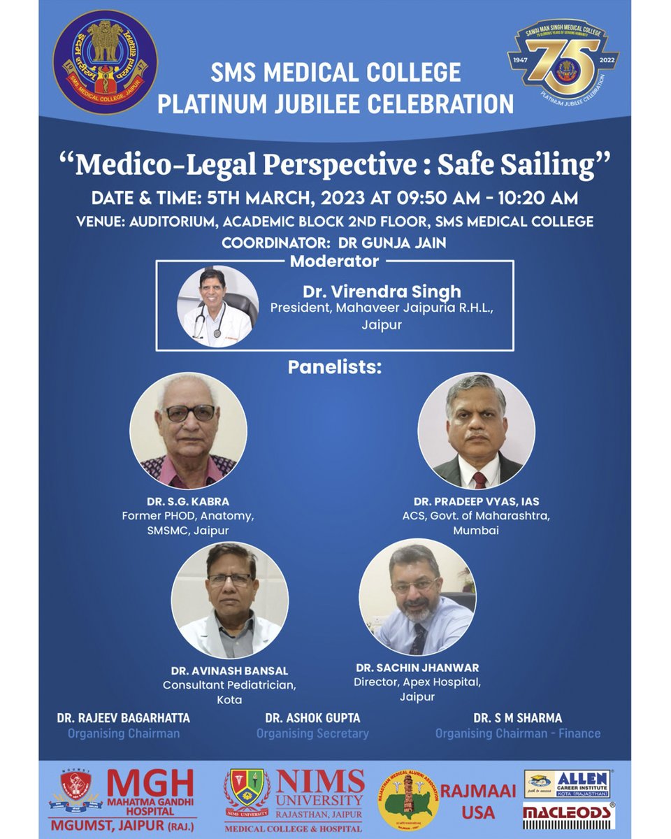 smsmcplatinumj's tweet photo. On the occasion of the Platinum Jubilee of SMS Medical College, various orations by eminent personalities will be organized on 5th March 2023.
All of you are invited to attend these enlightening orations.

#jaipur #smsmedicalcollege #smsmedicalcollegejaipur #smscollegejaipur https://t.co/FVYuhZkARL