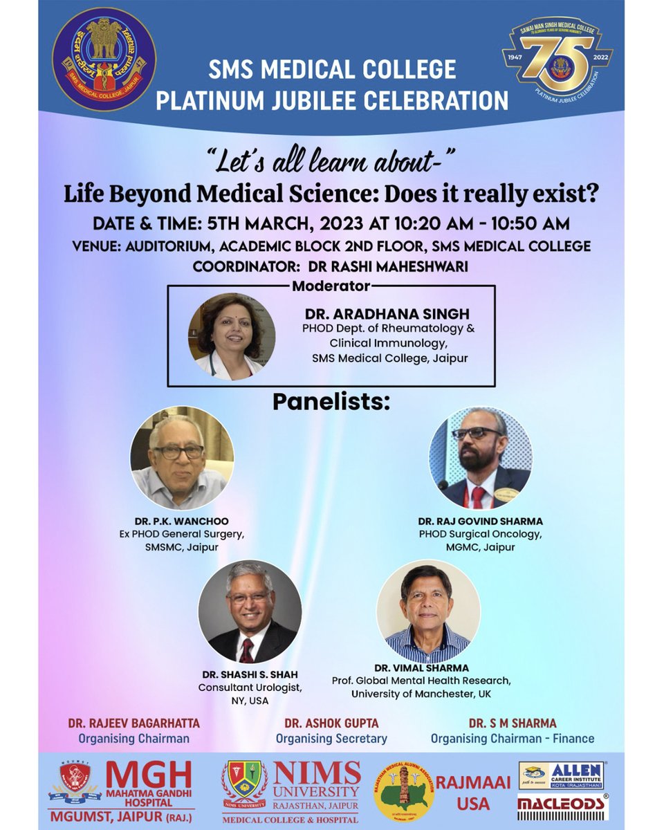 smsmcplatinumj's tweet photo. On the occasion of the Platinum Jubilee of SMS Medical College, various orations by eminent personalities will be organized on 5th March 2023.
All of you are invited to attend these enlightening orations.

#jaipur #smsmedicalcollege #smsmedicalcollegejaipur #smscollegejaipur https://t.co/FVYuhZkARL