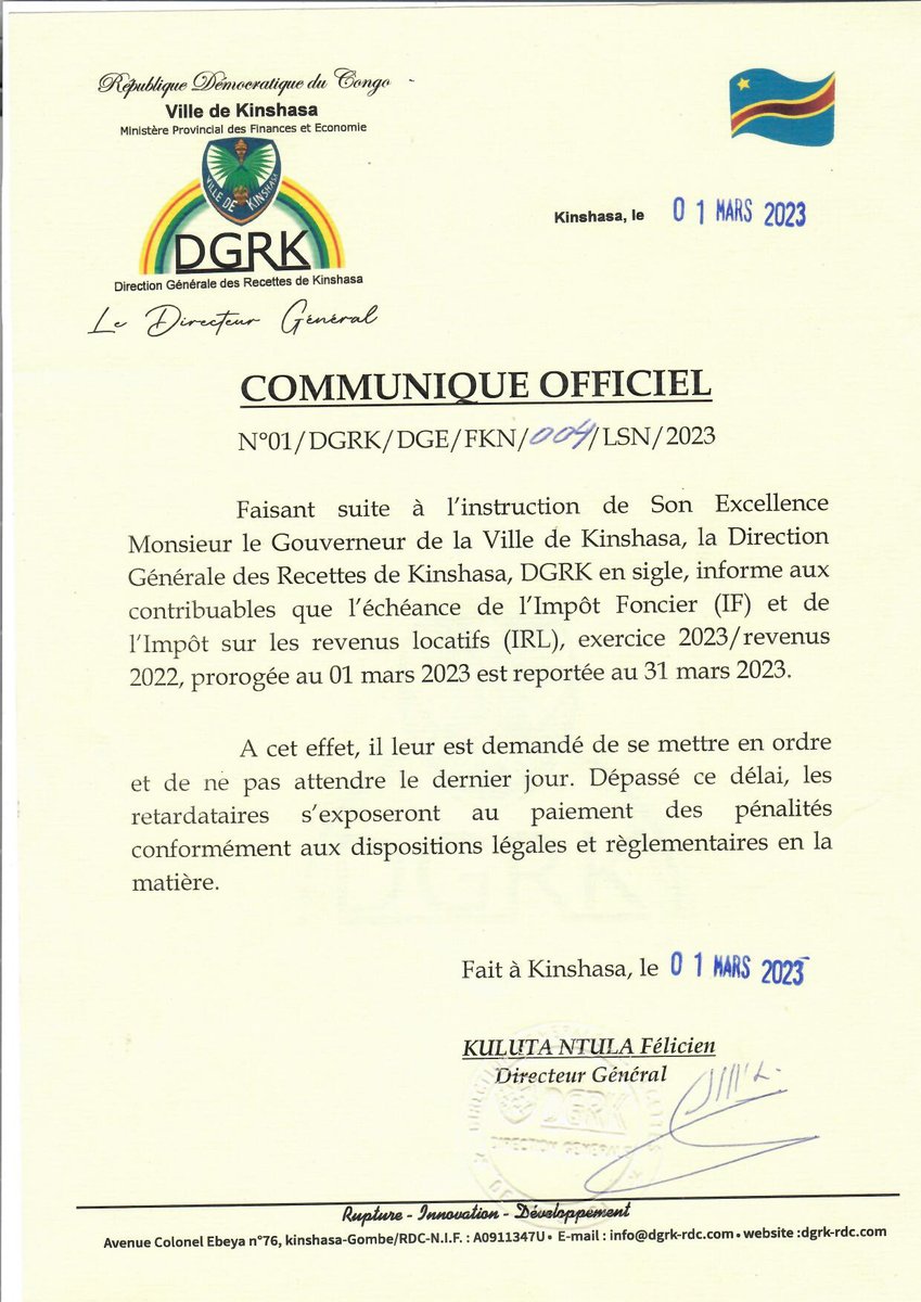 KulutaNtula's tweet photo. L'échéance prorogée au 01/03 est reportée au 31/03/2023, les contribuables assujettis à l'impôt foncier #IF et l'impôt sur les revenus locatifs #IRL vous êtes invités au paiement de ses impôts dans le délai au risque  de subir de pénalités. https://t.co/LsV7c1XWWW
