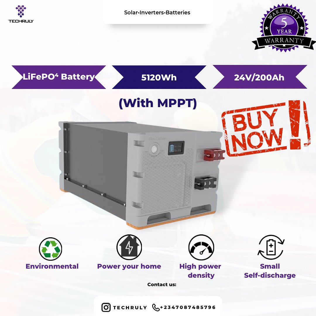 Techrulyy's tweet image. ‼️AVAILABLE NOW‼️

BLUECARBON 5Kw 24V Lithium ion battery, 200ah LiFePO4 battery with MPPT for home appliances.
•
•
•
#techruly #opay #solarpower #electricity #technology #lagos #lekkihomes #lithiumionbattery #solarnigeria #asake