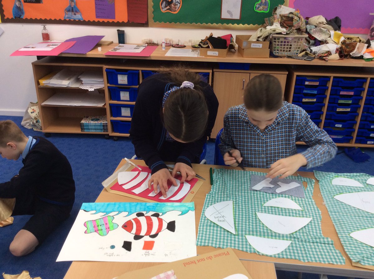 StMargs_Year6's tweet photo. 6W are busy starting their sewing projects this morning. The children are collecting and cutting their materials for their fish, ready to sew later. #StMargsDt https://t.co/lHpJlCZIup