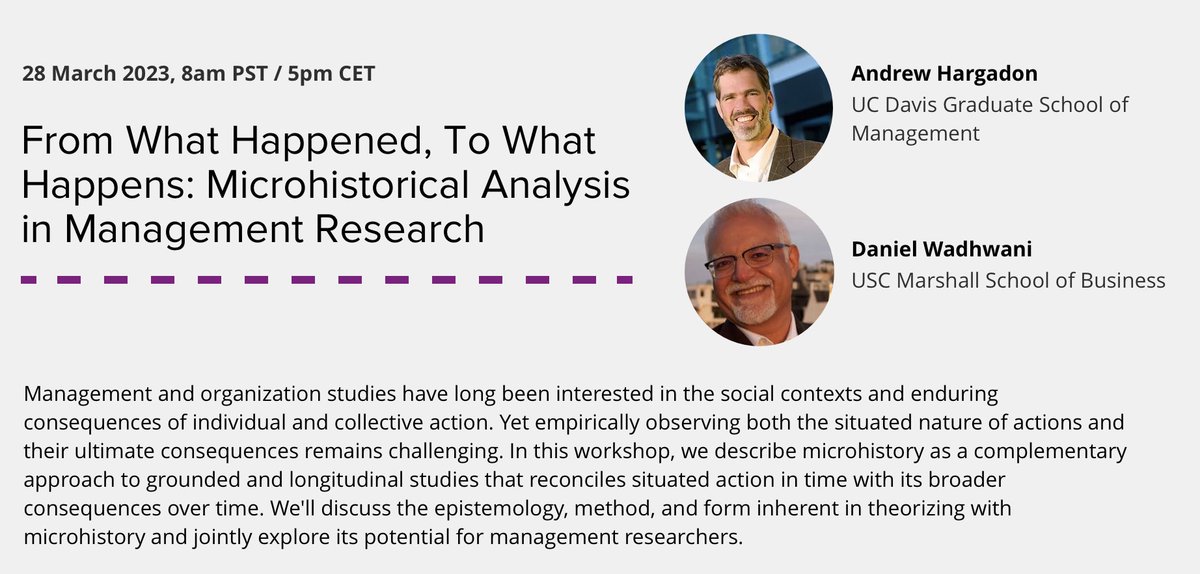 Ethnography Atelier🖋 (@ethnoat) on Twitter photo 2️⃣ On March 28th at 5PM CET, <a href="/andrewhargadon/">Andrew Hargadon</a> and <a href="/historiandan/">Dan Wadhwani</a> will facilitate a #workshop on microhistorical #analysis, a complementary approach to #qualitative longitudinal studies ✨🏺
Join us 👇
ethnographyatelier.org/microhistorica… 2️⃣ On March 28th at 5PM CET, <a href="/andrewhargadon/">Andrew Hargadon</a> and <a href="/historiandan/">Dan Wadhwani</a> will facilitate a #workshop on microhistorical #analysis, a complementary approach to #qualitative longitudinal studies ✨🏺
Join us 👇
ethnographyatelier.org/microhistorica…