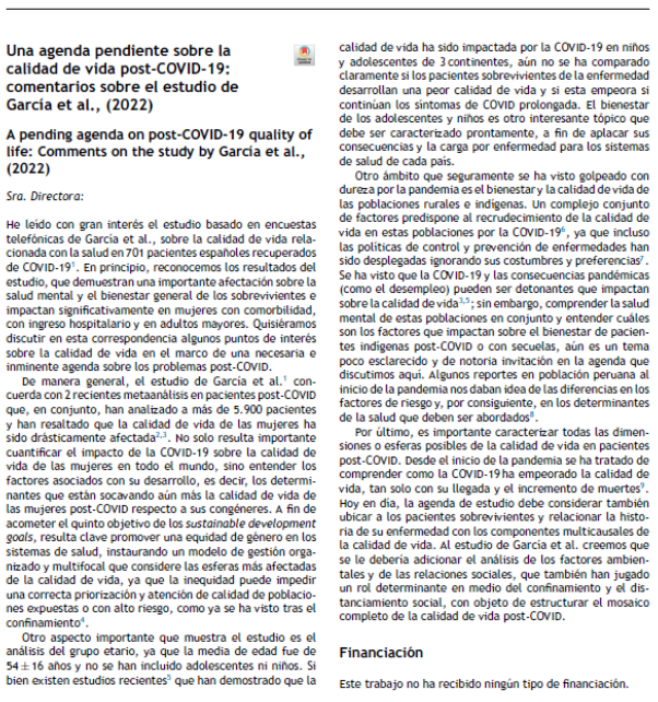 📰 A pending agenda on post-COVID-19 quality of life: Comments on the study by García et al., (2022)
✏️Letter to the Director in the @JHealthQualityR #RevistaSECA #JHQR
👉 bit.ly/3SLyvu6
✅ #QualityHealthcare #QualityofLife #COVID19 #PostCOVID19 #MentalHealth