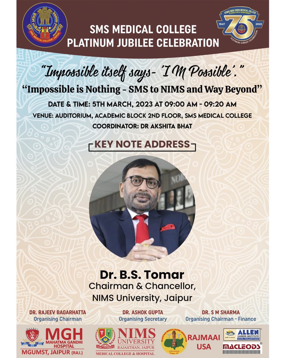 smsmcplatinumj's tweet photo. On the occasion of the Platinum Jubilee of SMS Medical College, various orations by eminent personalities will be organized on 5th March 2023.
All of you are invited to attend these enlightening orations.

#jaipur #smsmedicalcollege #smsmedicalcollegejaipur #smscollegejaipur https://t.co/q9UpsiBV2z