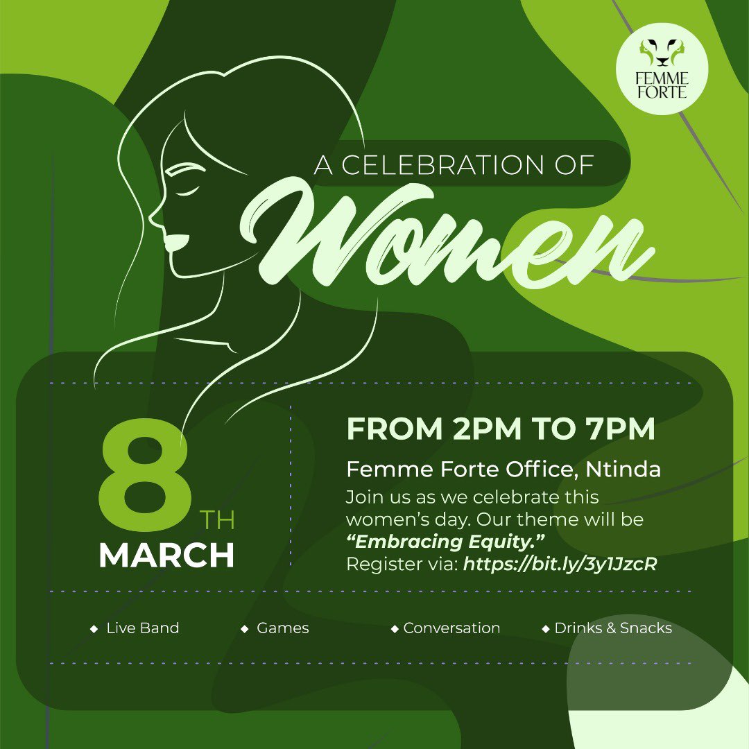 FemmeForteUg's tweet image. Join us this #WomensDay as we celebrate women under the theme: Embracing equity. We will have live band, conversations, games, cocktails and snacks. Sign up to be part of this celebration here&amp;gt; bit.ly/3y1JzcR 

15 slots are available. 

#EmbracingEquity #FemmeForte