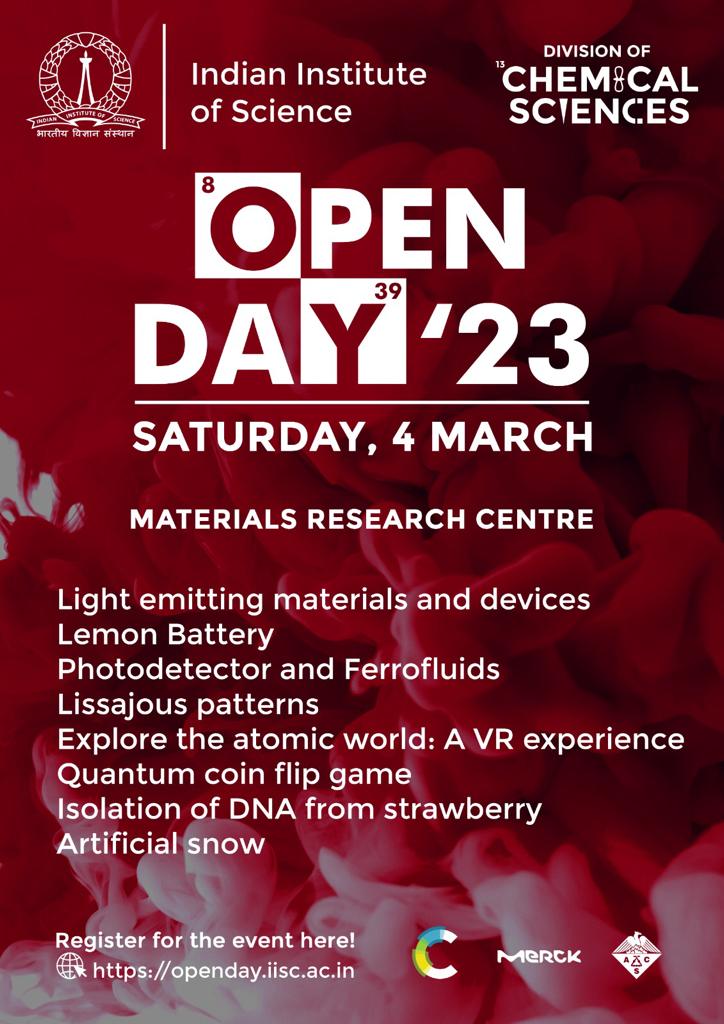 iiscbangalore's tweet image. On #IIScOpenDay2023, come visit the Chemical Sciences Pavillion at the Chemical Sciences building, with experiments/demos from the departments of organic chemistry, solid state and structural chemistry, inorganic and physical chemistry, and materials research centre.