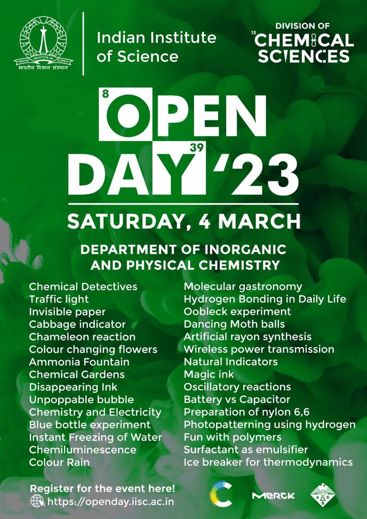 iiscbangalore's tweet image. On #IIScOpenDay2023, come visit the Chemical Sciences Pavillion at the Chemical Sciences building, with experiments/demos from the departments of organic chemistry, solid state and structural chemistry, inorganic and physical chemistry, and materials research centre.