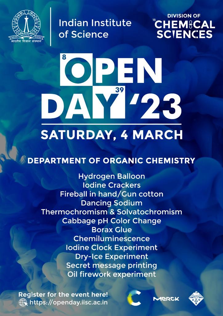 iiscbangalore's tweet image. On #IIScOpenDay2023, come visit the Chemical Sciences Pavillion at the Chemical Sciences building, with experiments/demos from the departments of organic chemistry, solid state and structural chemistry, inorganic and physical chemistry, and materials research centre.