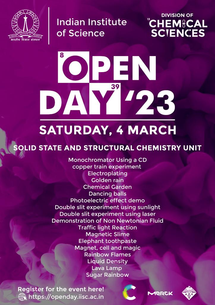 iiscbangalore's tweet image. On #IIScOpenDay2023, come visit the Chemical Sciences Pavillion at the Chemical Sciences building, with experiments/demos from the departments of organic chemistry, solid state and structural chemistry, inorganic and physical chemistry, and materials research centre.