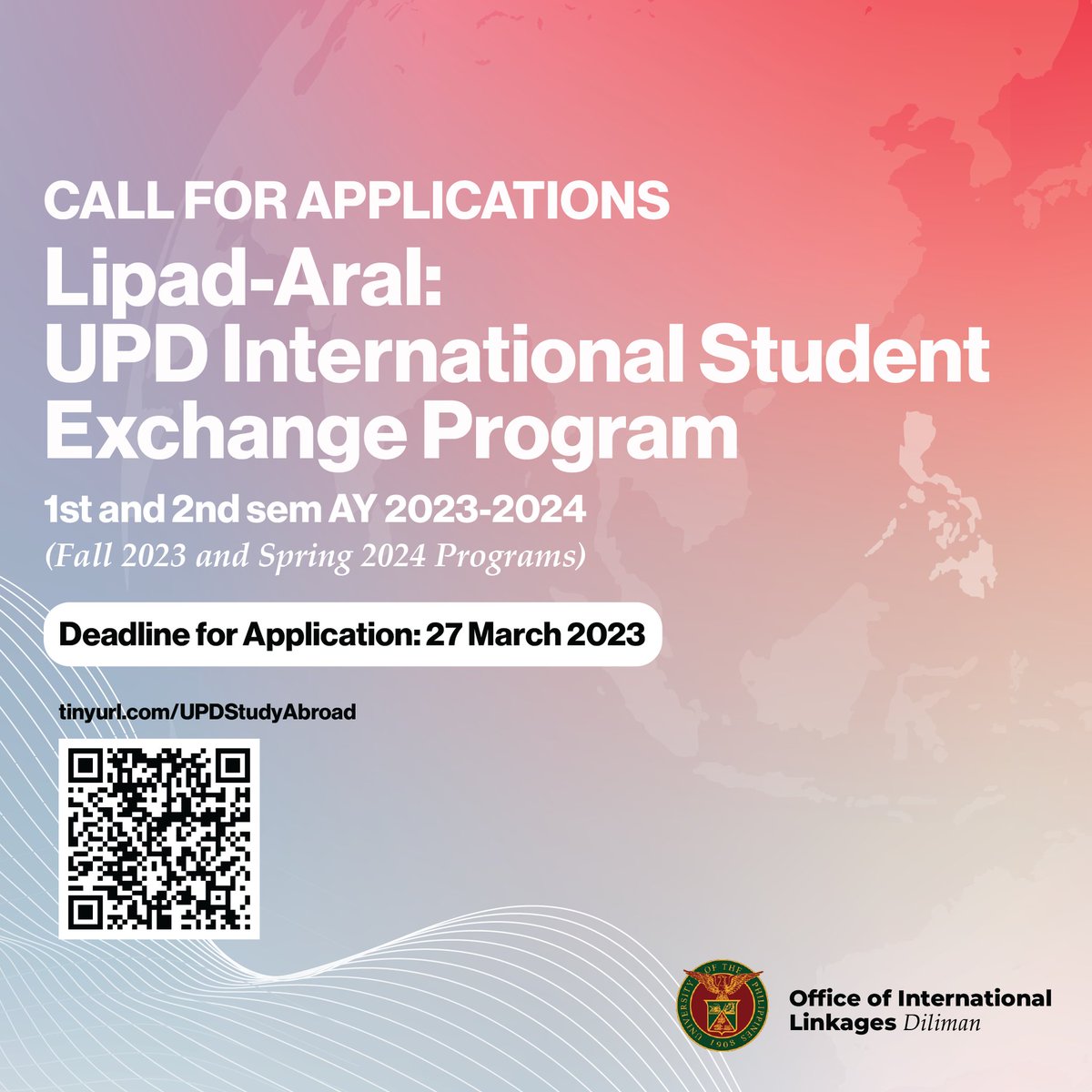 Official_UPD's tweet photo. The UP Diliman (UPD) Office of International Linkages is accepting applications for the “Lipad-Aral: UPD International Student Exchange Program” for the first and second semesters of Academic Year 2023-2024 until March 27.

See photo for more details. https://t.co/b3htSVeUQW