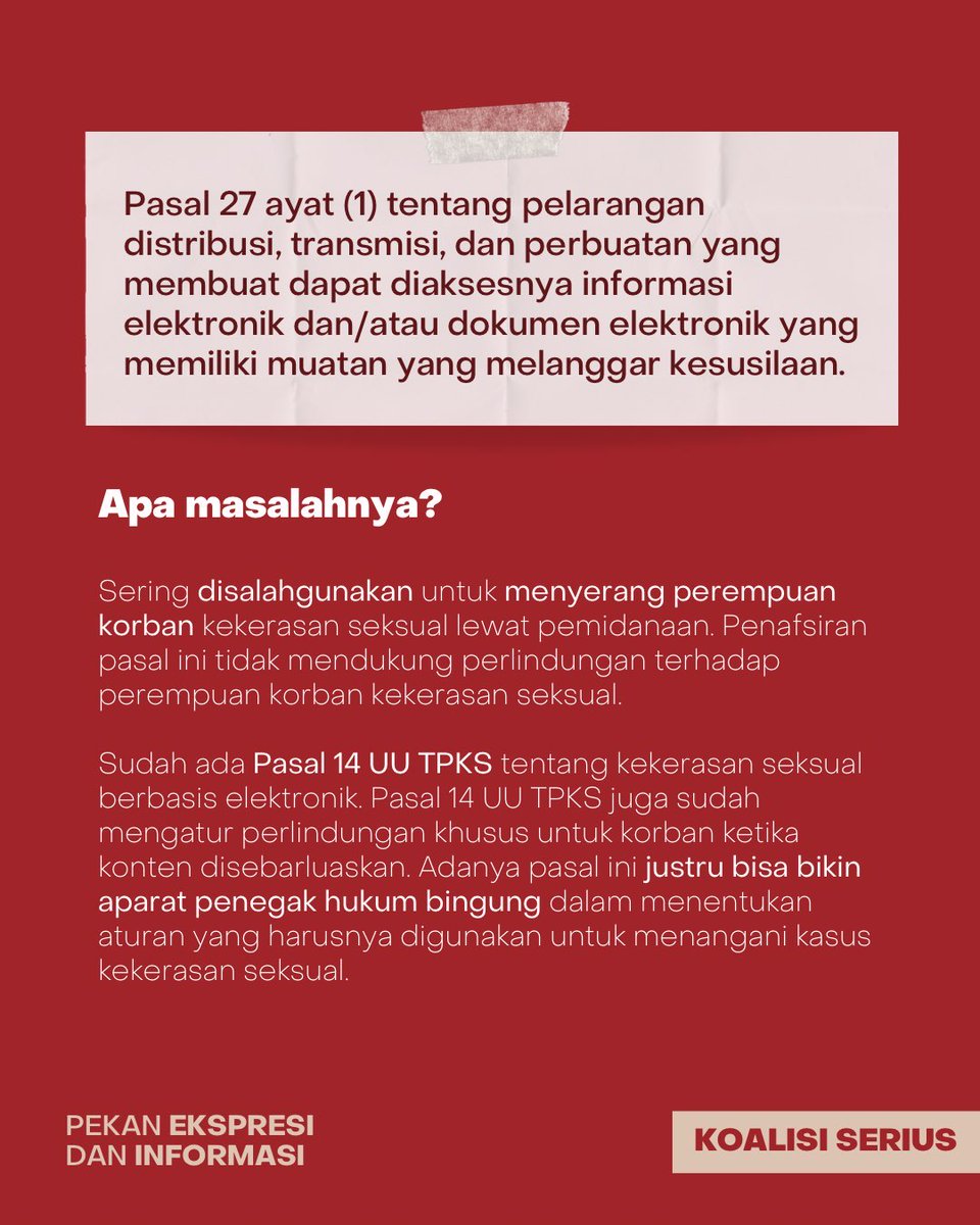 AJIIndonesia's tweet photo. #RevisiUUITE sebelum korban pasal karet makin banyak! Sebelum terlambat, yuk kenali masalah dalam draf kedua revisi UU ITE yang mengancam kebebasan kita di dunia maya.

... https://t.co/DiSZ934OK5
