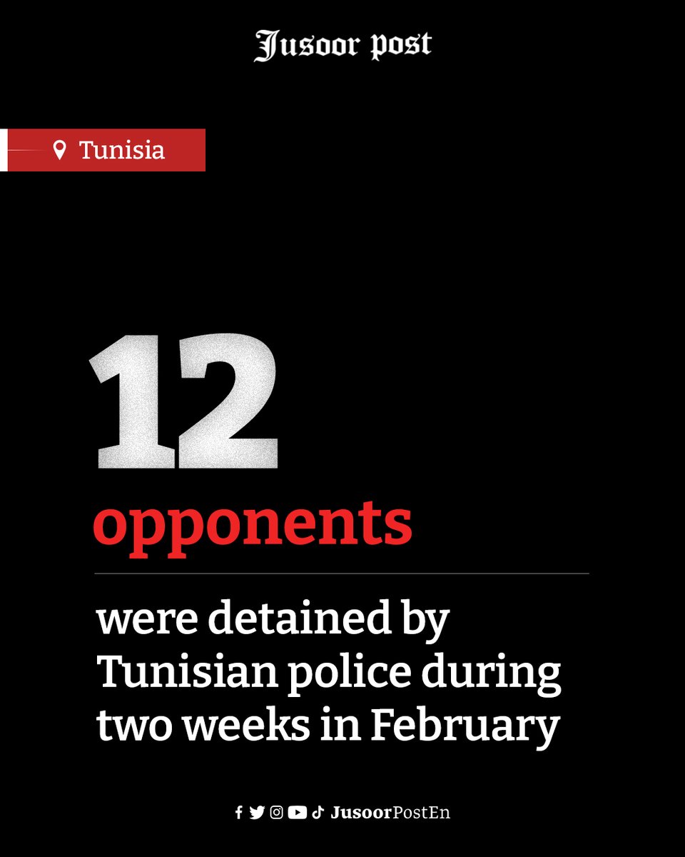 Jusoorpost_EN's tweet image. 🇹🇳 12 #opponents were detained by #Tunisian_police during two weeks in February.

#jusoor_post