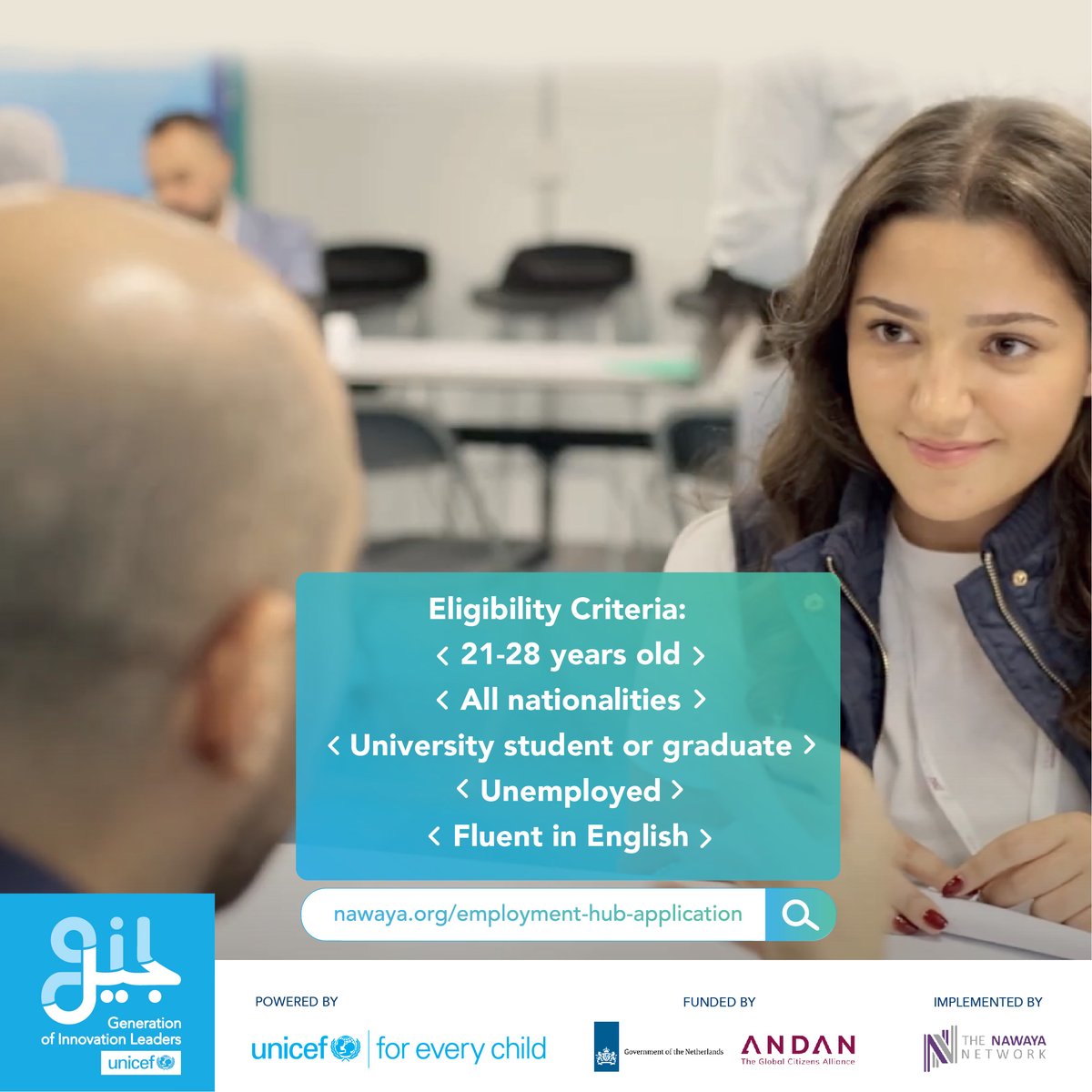 Are you a graduate in #Lebanon searching for a job & want to increase your chances ? Apply now to @Nawaya's “Employment Hub program” part of #GIL, powered by @uniceflebanon and funded by @ninlebanon and @andanofficial . Apply before March 10 by 👇nawaya.org/employment-hub…