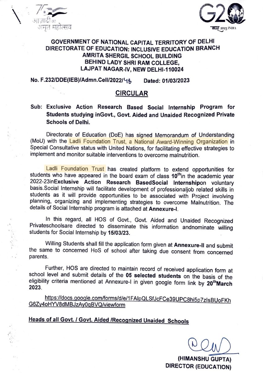 FoundationLadli's tweet photo. Thanks @Dir_Education for this big opportunity to Execute Biggest #Action_Research Based #Social_Internship program for involving  Private and Govt #Schools #Students Into Filed Based #SocialWork  #Volunteering.
@NITIAayog  @PMOIndia @USAIDIndiaMD  @kdkski @usaid_india https://t.co/RFeKODie3G
