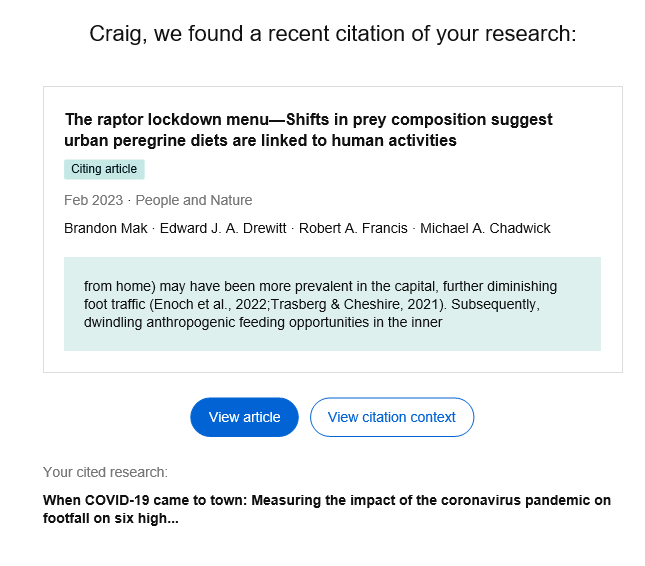 Write a paper about the impacts of Covid-19 on highstreet footfall, get referenced by a team doing work on the snacking activity of birds of prey. The wonders of academic publishing!