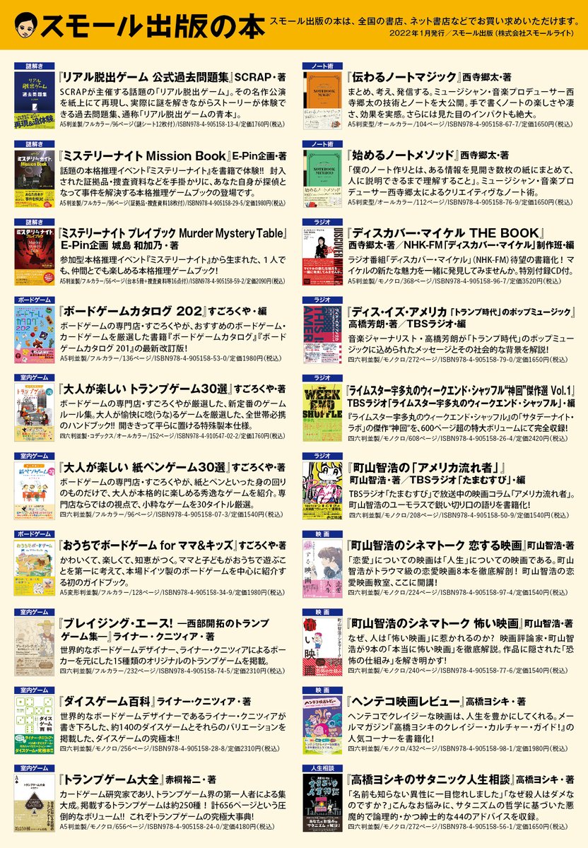 small_books's tweet photo. スモール出版の書籍（一部）
#TBSラジオ #utamaru #ボードゲーム #紙ペンゲーム #すごろくや #クニツィア #近田春夫 #高橋ヨシキ #ダンカン #水道橋博士 #西寺郷太 #conix #ボディビルかけ声 #ダムカード #マンホールカード #ブルベ #リアル脱出ゲーム #ミステリーナイト https://t.co/N3ntQiU0RU