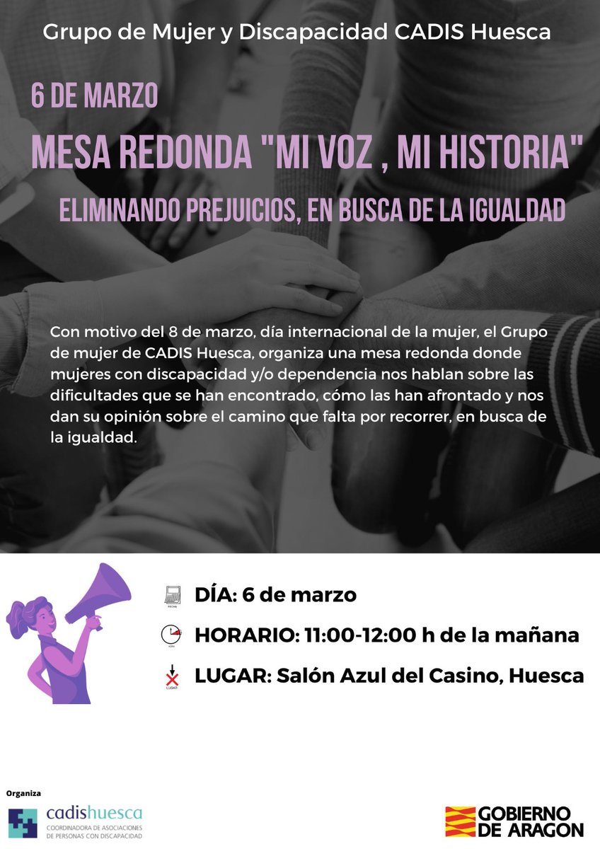 AutismoHuesca's tweet photo. Autismo Huesca se suma al #8M con la difusión de algunos de los actos en Huesca para celebrar este día y nuestra participación en la mesa redonda de @CadisHuesca  “Mi voz, mi historia” el próximo lunes de 11.00 a 12.00 de la mañana en Salón Azul del Casino 💜 #Igualdad #Inclusión https://t.co/RnvRYGjdnQ