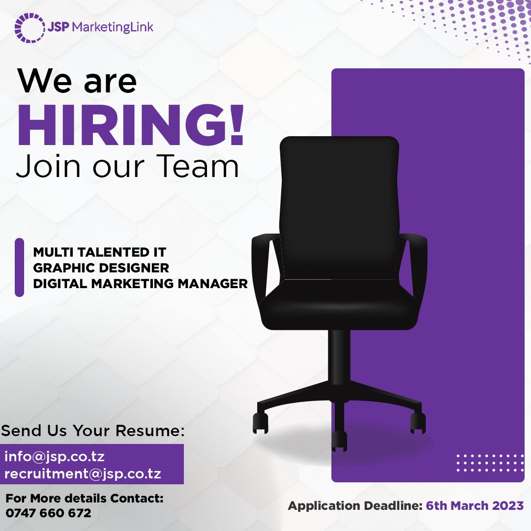 jsp_limited's tweet photo. WE ARE HIRING!!

We are looking for a multi talented IT, A graphic designer and Digital marketing manager to join our team.

Send your resume: recruitment@jsp.co.tz or info@jsp.co.tz

Application deadline: 6th March 2023

#HiringNow #JSP #JSPMarketingLink #JSPMarketing. https://t.co/tPvpxDWBg8