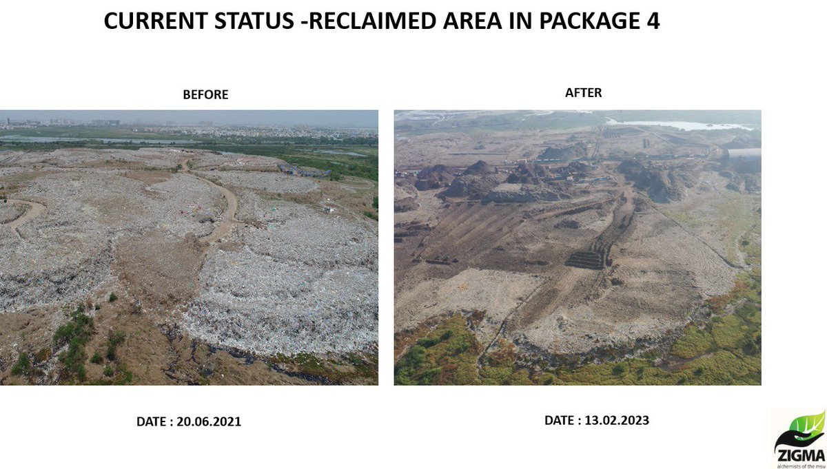 omjasvinMD's tweet photo. Perungudi dumpyard — before and after biomining. Some remarkable  work by @chennaicorp that’s been silently happening for more than 1.5 years. @GSBediIAS @CMOTamilnadu @PriyarajanDMK @KN_NEHRU https://t.co/E932mMPgys