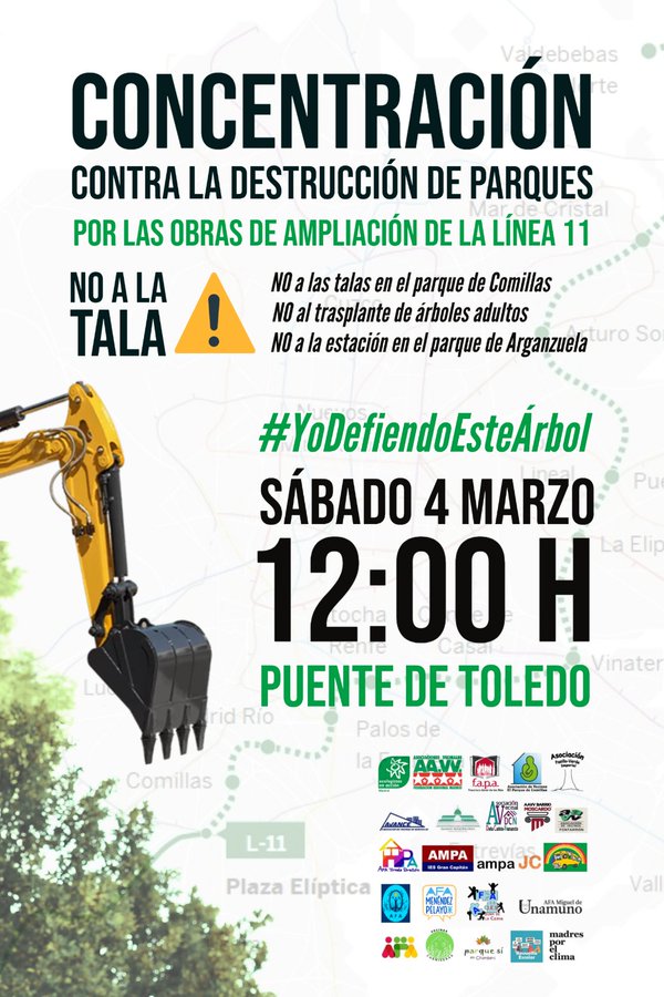 AVVerdeImperial's tweet photo. #4Marzo salimos a defender nuestros parques!!!  

🕛12h concentración
       12h30 lectura de comunicado por @FernandoVallada 
📍Puente de Toledo (Marqués de Vadillo)

#YoDefiendoEsteÁrbol🌳
#NOALATALA 🪓
#LaArboledaSeQueda 🌳🌳🌳
#MetroSíPeroNoAsí🚇 https://t.co/793UE1UhYD