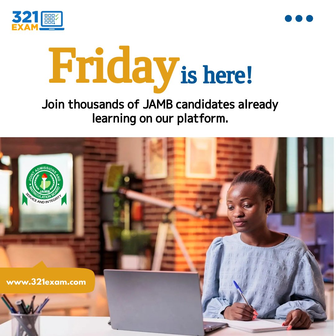 321_exam's tweet photo. Friday is here!

Join thousands of JAMB candidates already learning on our platform.

Visit us today at https://t.co/mvs5v69J7d to enroll.

#jamb #jambonlinetutors #jambonlinetutorials #jamblecturecenter #Onlinestudy #jamblecture #jamb2023registration https://t.co/GjcUOHJs2h