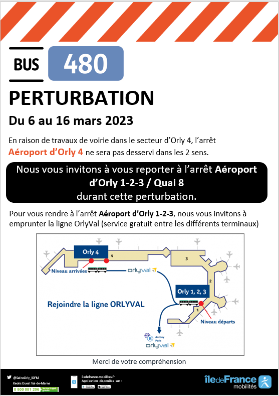 SeineOrly_IDFM's tweet photo. #InfoTrafic #Bus480
🚧 En raison de travaux de voirie sur le secteur d'Orly 4, l'arrêt Aéroport d'Orly 4 ne sera pas desservi dans les deux sens de circulation.
Nous vous invitons à vous reporter à l'arrêt Aéroport d'Orly 1-2-3/ Quai 8
Merci pour votre compréhension https://t.co/4Oz9KjLLbN