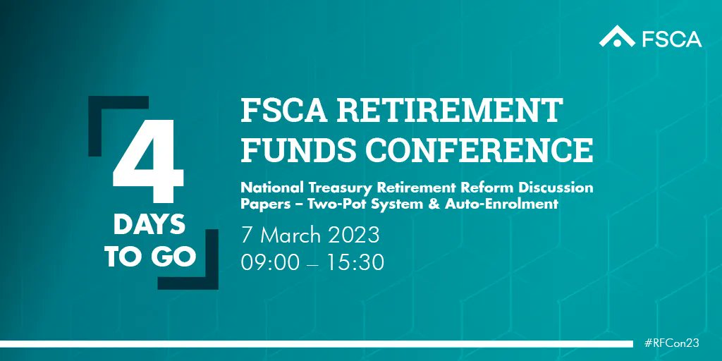 fscasouthafrica's tweet photo. The #RFCon23 will discuss the National Treasury Retirement Reform Discussion Papers – Two-Pot System & Auto-Enrolment. Follow the link to schedule the live stream into your diaries. https://t.co/CVLbxaC58P https://t.co/3o7BSGPPTR