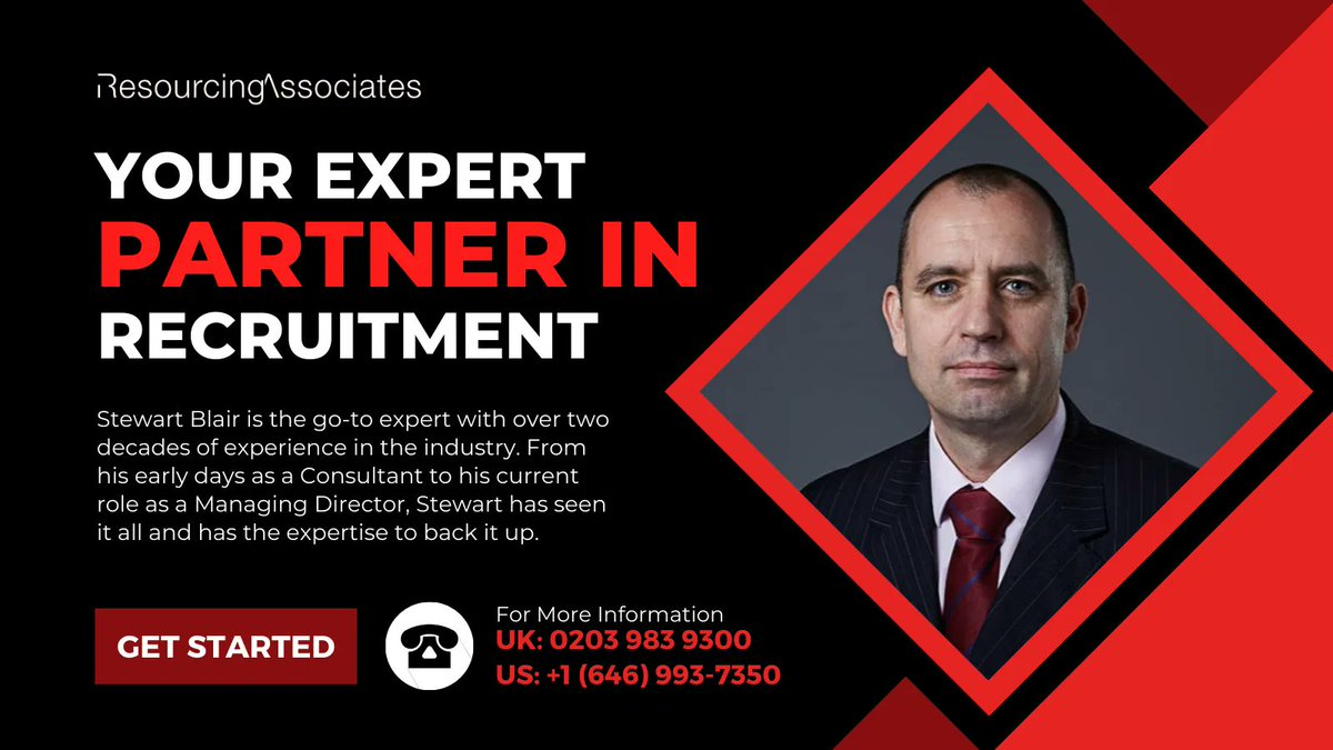 ResourcesAssoc's tweet image. Meet Stewart Blair, the expert partner you&apos;ve been looking for and the Managing Director of Resourcing Associates.

You can reach us in the UK at 0203 983 9300 or in the US at +1 (646) 993-7350, or via email at enquiries@resourcingassociates.com.

#RecruitmentExpert #TopRecruiter